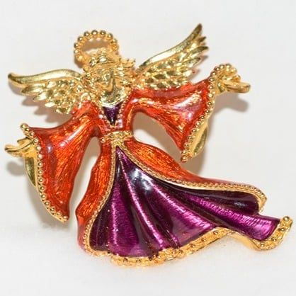 Vintage Christopher Radko Stamped Red/Purple Enamel Gold Tonechristmas Brooch
